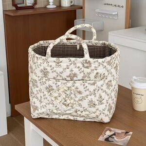 French Floral Quilted Fabric Basket for Storage Organizer w/Handles "Kahuahua"